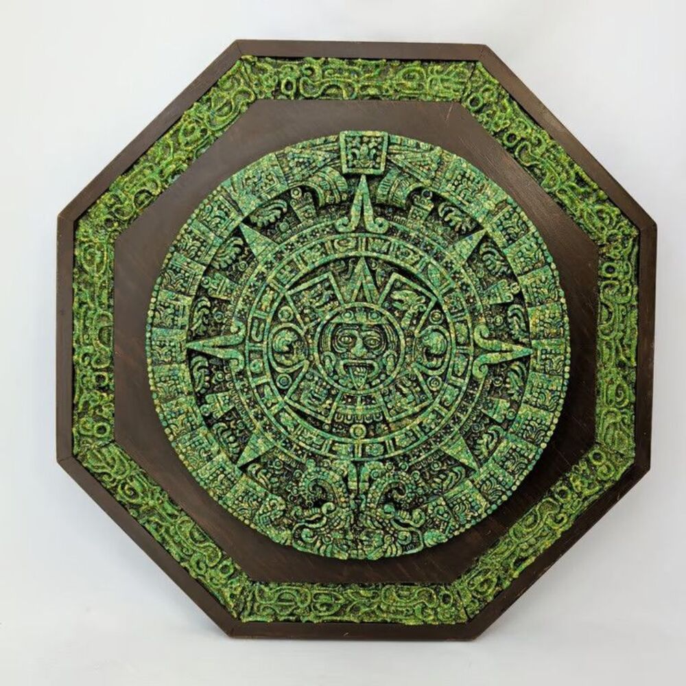 Vintage Aztec Calendar Sun Stone Wall Art Plaque Crushed Turquoise Mosaic